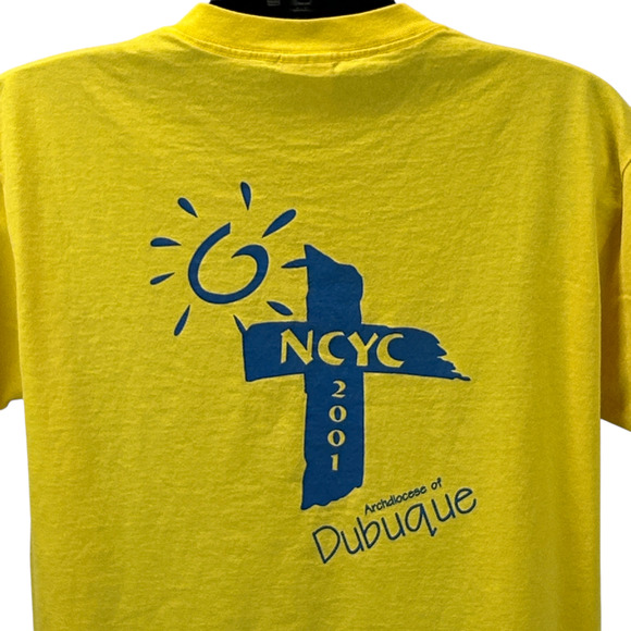 Vintage Y2Ks NYCY Archdiocese of Dubuque T Shirt Catholic Iowa Yellow L Large - Picture 1 of 8